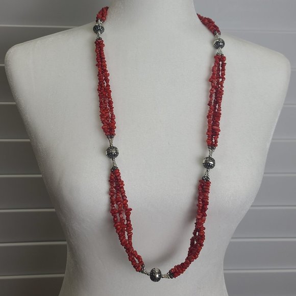 CAROLYN POLLACK Triple Strand Natural Red Coral Nugget .925 Native Pearl Beads - Picture 3 of 12